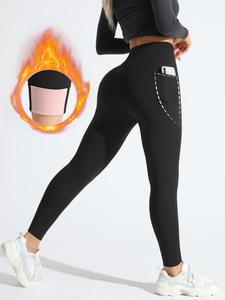 women's solid high waist pocket thermal lined sports leggings, casual comfy breathable high stretch yoga tummy control leggings, gym clothes, workout clothes, ladies sportswear for indoor outdoor wear
