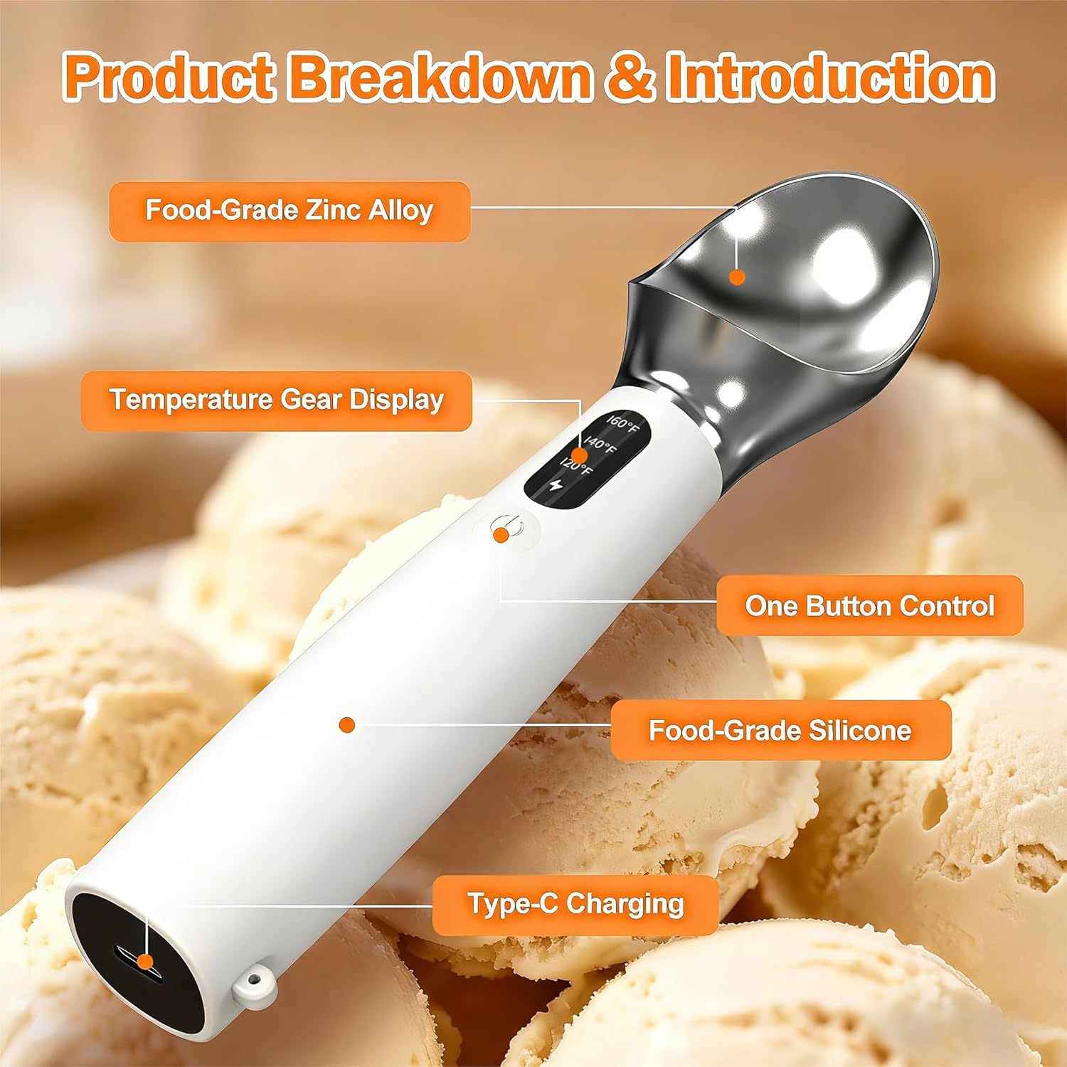 Heated Ice Cream Scoop – Electric Scooper for Hard Ice Cream and Desserts, Handheld Heating Up to 158°F, Rechargeable with LED Display, Easy to Clean, Ideal Summer Gift Heated Ice Cream Scoop – Electric Scooper for Hard Ice Cream and Desserts, Handheld Heating Up to 158°F, Rechargeable with LED Display, Easy to Clean, Ideal Summer Gift