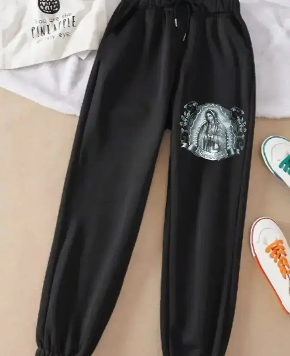 Vintage Silver Virgen Mary Graphic Unisex Sweatpants – Blessed Mother Cotton Joggers, Perfect Outdoor Outfit, Casual Streetwear Pants for Men and Women 2M1AY