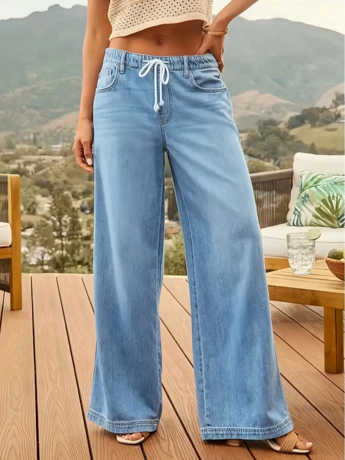 Women's High Waisted Stretchy Wide Leg Cotton Fabric Denim Trousers - Baggy, Drawstring, Solid Pocket Design, Zimbaplatinum Finish - Summer Minimalist Basic Bottoms for Lady