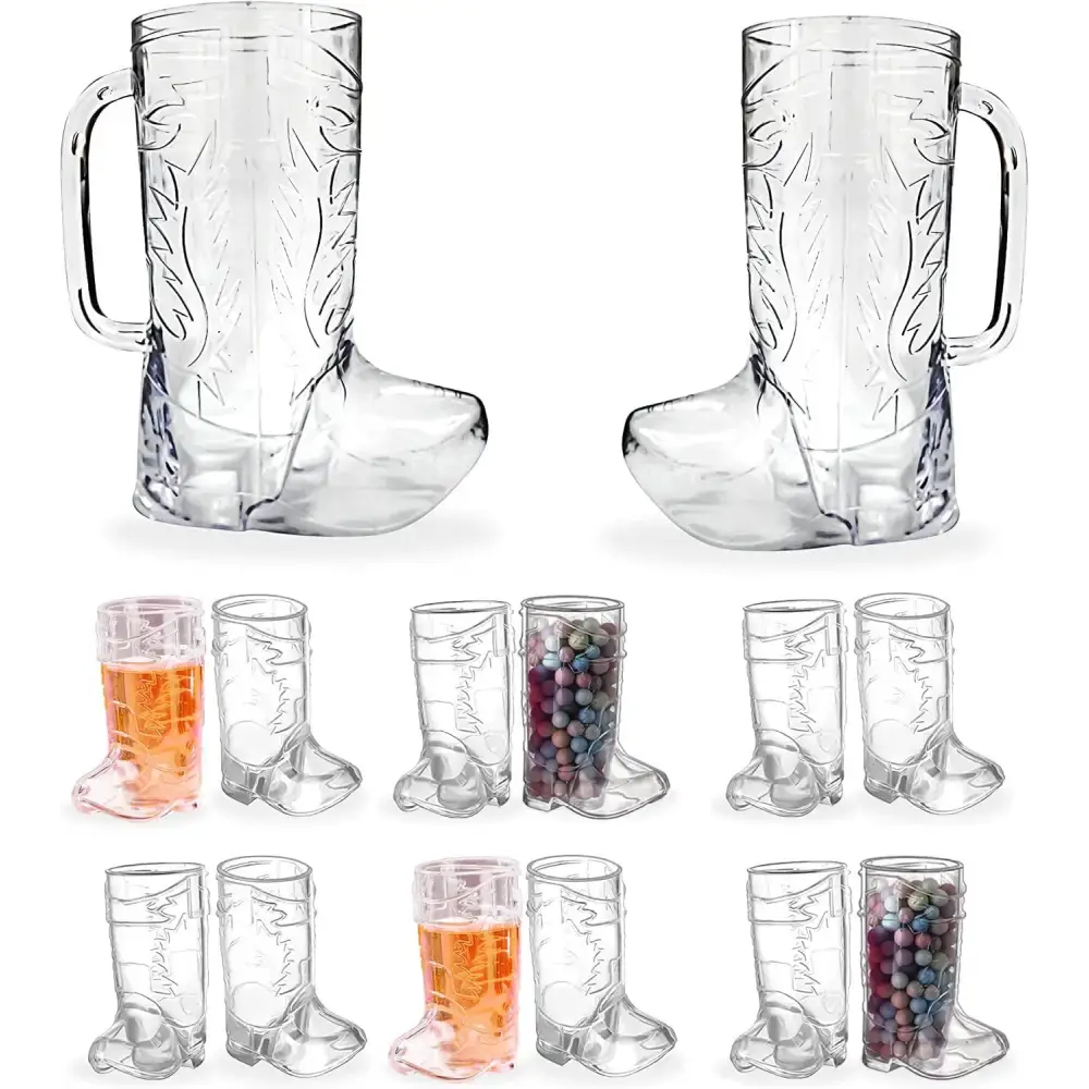4E's Novelty 14 PCS Cowboy Boot Cups – 12 Mini Boots & 2 17oz Mugs for Party Supplies