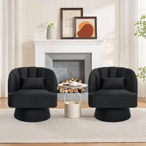 Garvee Swivel Barrel Chair - Velvet Upholstered Modern Armchair with Striped Backrest & Plush Padding, Round Lounge Chair for Living Room, Bedroom, Small Spaces, Black - (2 Pcs)