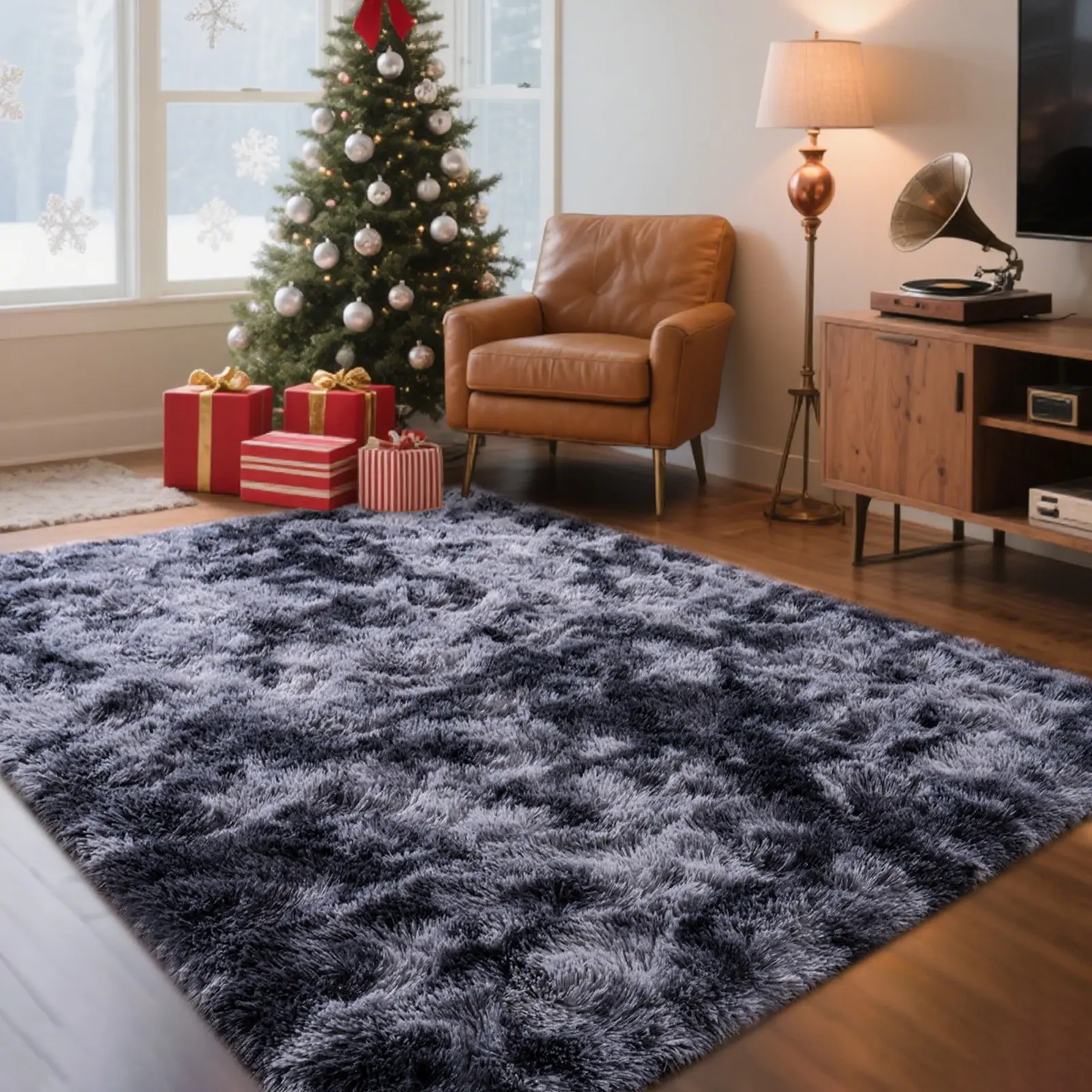 【Back to School】PLUMLIK Blue Grey Area Rugs For Living Room Bedroom, Upgrade Non Slip Fluffy Soft Shag Carpet, Kid And Pet Friendly, Rugs With 4 Stickers, Indoor Floor Shaggy Plush Rug silky, Esthetic Decor, Gift For Father's Day, Dry Clean Only
