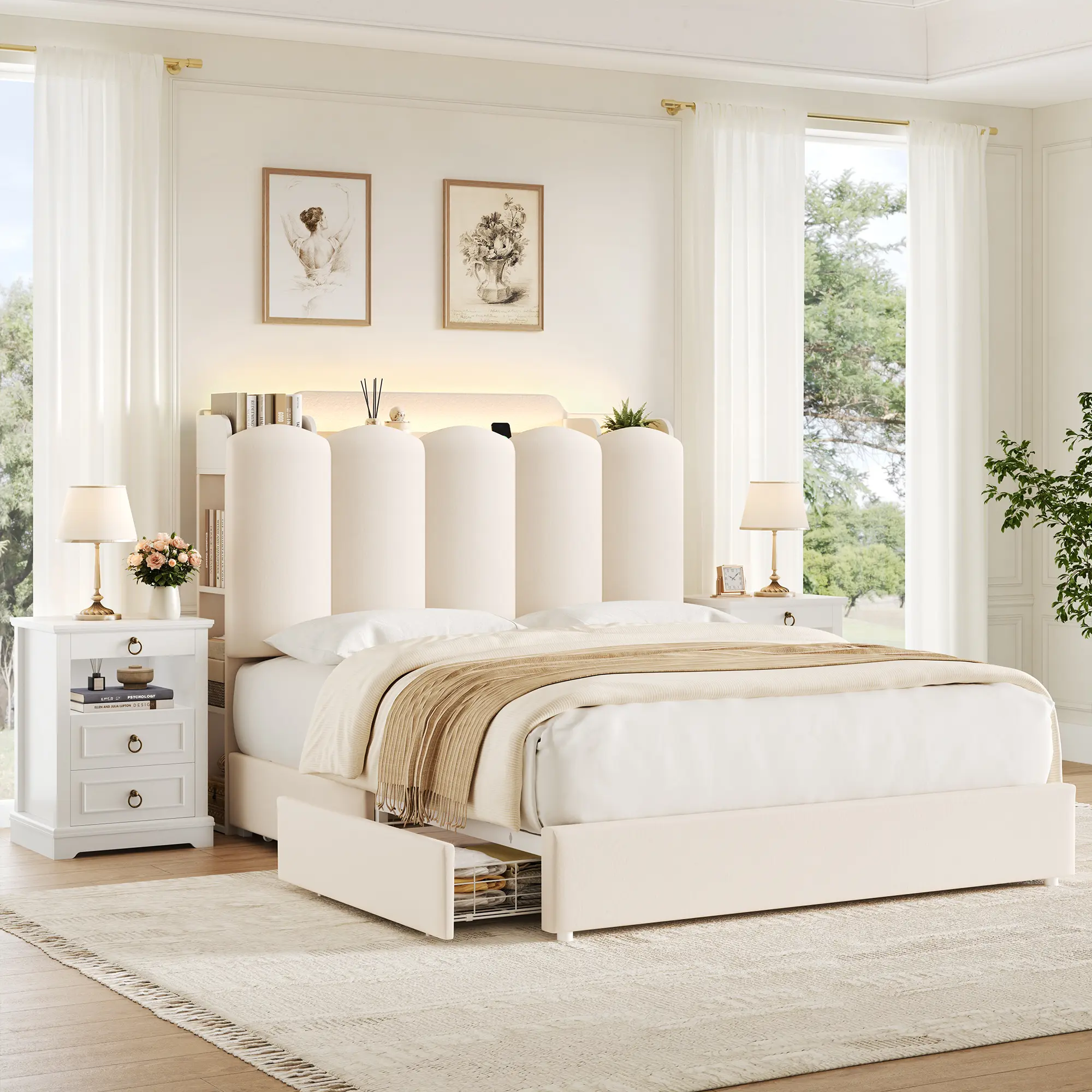 HOSTACK Upholstered Platform Bed Frame (Full Size, No Mattress/Box Spring Needed) - Modern Bedroom & Apartment Furniture with Storage Headboard, LED Lights, Charging Station, Drawers, Shelves, USB & Type-C Outlets, Modern Bedroom Furniture, Platform Bed D
