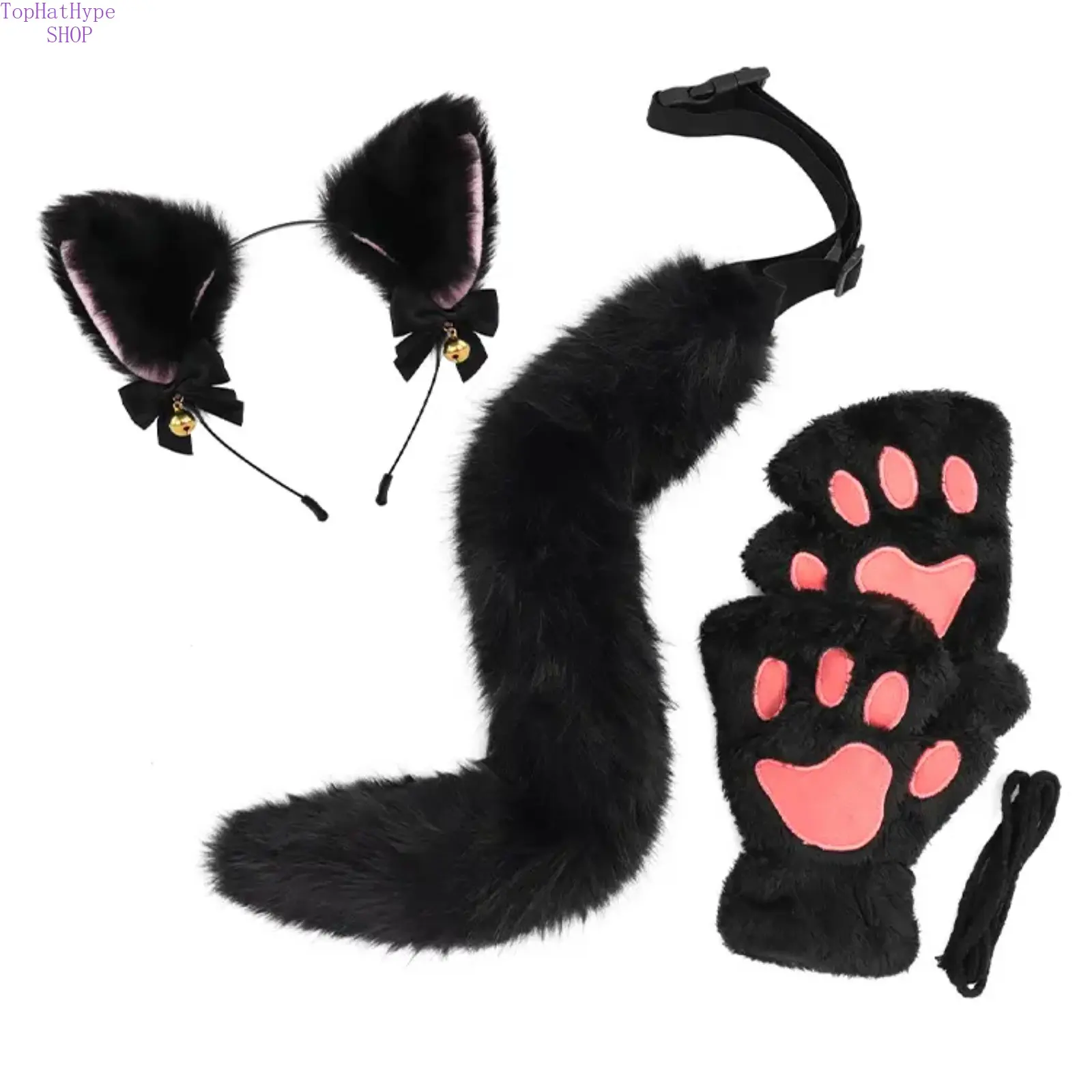Fuzzy Fur Cat Costume Accessory Set - One Size, Ears Headband, Plush Paw Gloves, Tail, Bells for Halloween Cartoon Character Prop