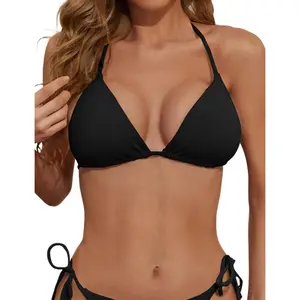 Women's Triangle Bikini Top Ribbed Push up Padded Halter String Bathing Suits Top