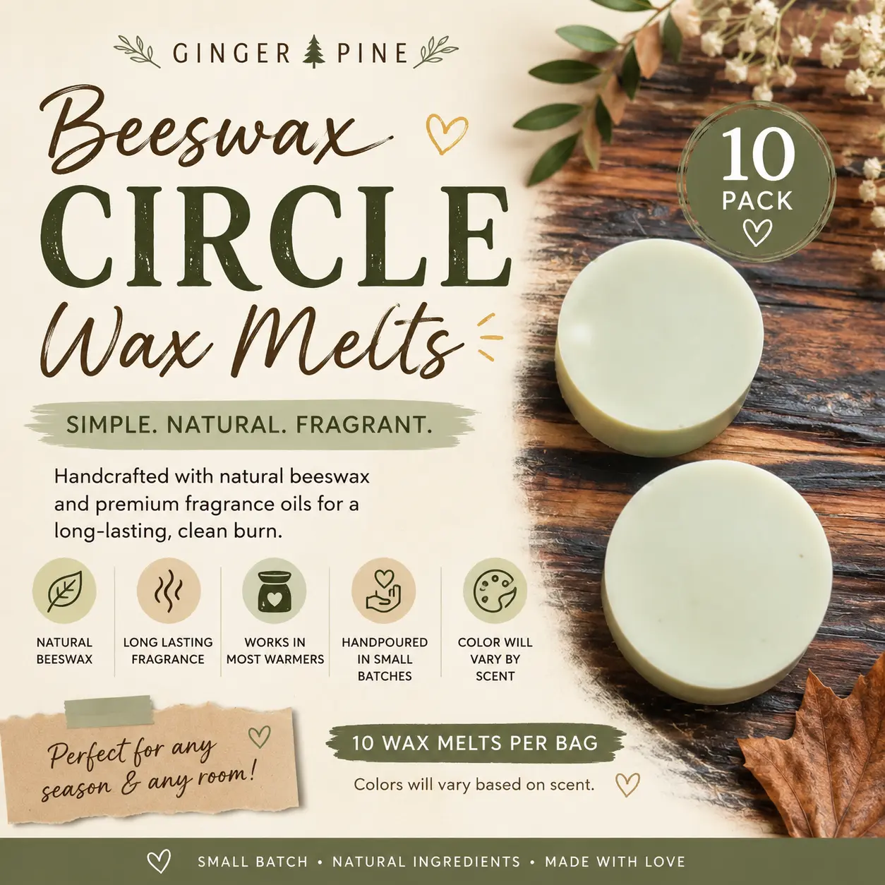 Beeswax Circle Wax Melts | 10-Pack Natural Wax Melts | Handcrafted