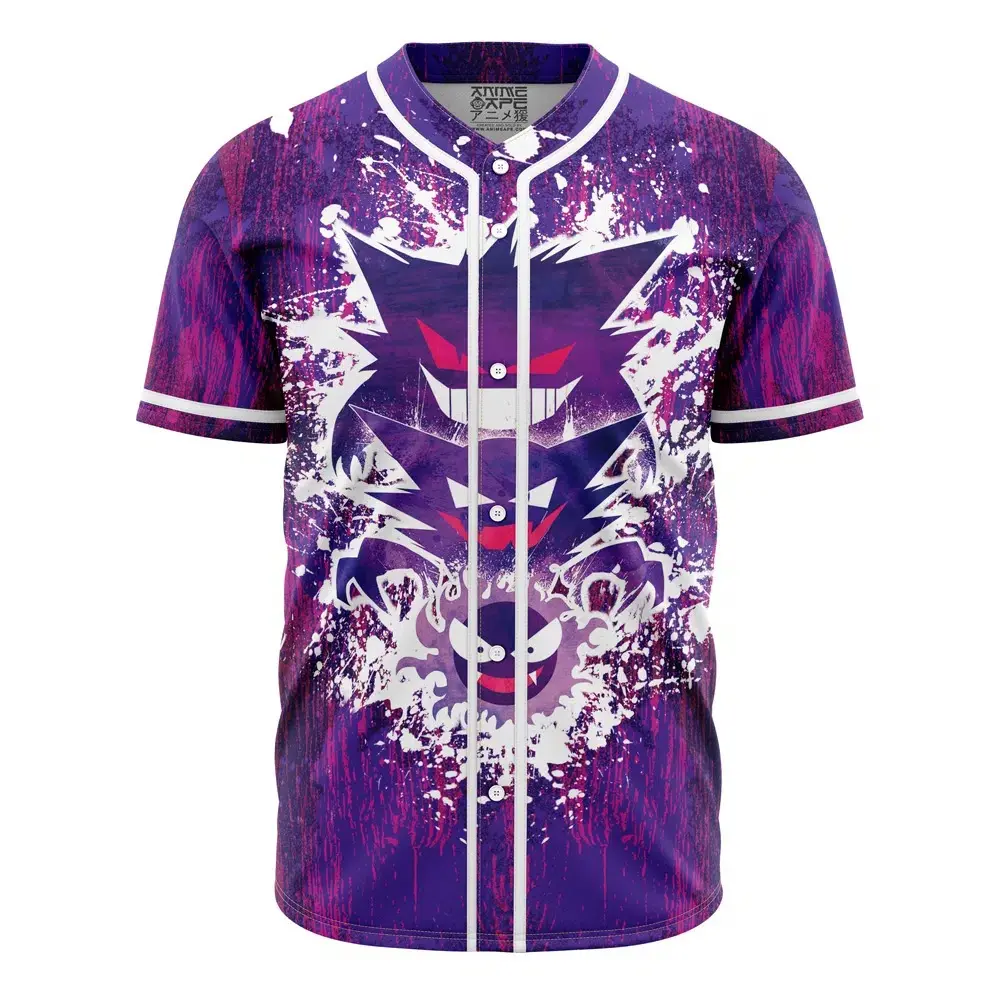 Purple Ghost Shadow Evolution Cartoon Graphic Button-Up Short Sleeve Baseball Jersey, Premium Breathable Lightweight Polyester Fabric, Vibrant All-Over Splatter Print Perfect Gift for Gamers