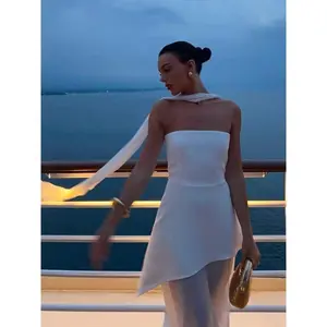 Elegant Simple Strapless Wedding Dresses Women Side Split Mesh Patchwork Prom Dresses 2025 Solid Scarf Party Chic Brides Gown Formal Black Womenswear Workwear Basic Minimalist Sleeveless Brown