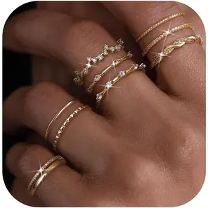 CASSIECA 9pcs Stacks Rings Gold Silver Waterproof Adjustable Statement Rings for Women Stackable Thumb Finger Engagement Promise Ring Set Jewelry, Stacking Ring Set, Metal Coating SummerVibes Promiserings