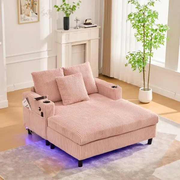 Modern Corduroy Oversized Recliner Sofa with Deep Seat, 3 Pillows, USB Charging, RGB LED Light Strip, Cup Holder, Side Pocket - Suitable for Living Room and Bedroom,Pink
