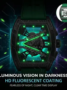 New Barrel Shape Hollow-Out Silicone Strap Quartz Watch, Simple Fluorescent Sport Business Casual Creative Laser Phantom Stone-Watch