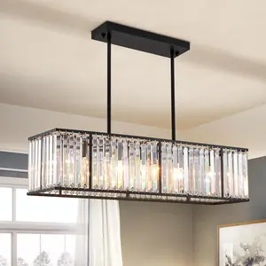 Modern Rectangular Crystal Chandelier, 5 Lights Black Rectangle Raindrop Chandelier Lighting, Industrial Linear Pendant Ceiling Light Fixture for Dining Living Room Kitchen Island L33.5'' Adjustable Leds Kitchen Island Lighting