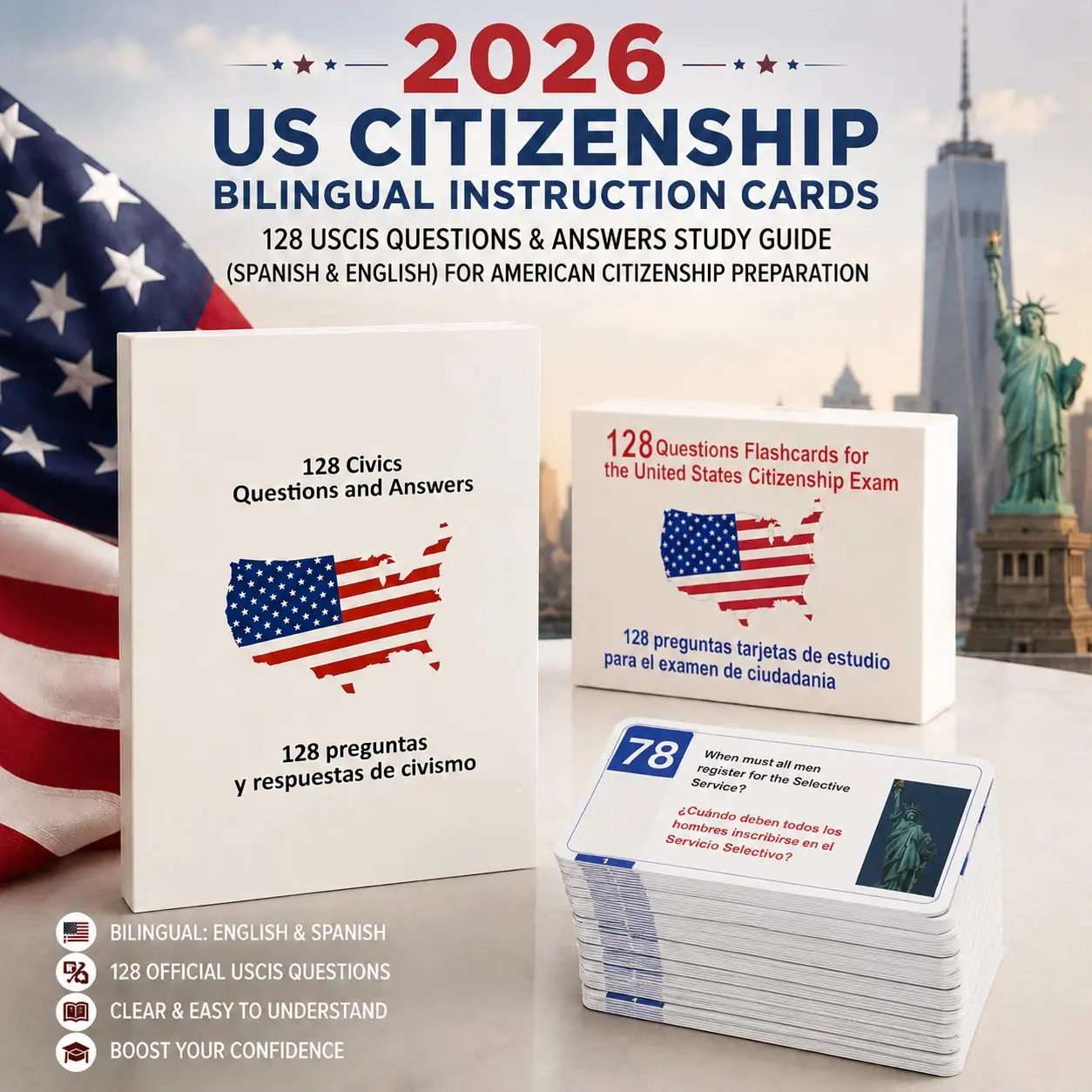 2026 Bilingual Flashcards - Bilingual Instruction Cards for Adults, Durable Cardstock, 128-Question Pages, USCIS US Citizenship Test Prep Study Guide, No Test Anxiety Support