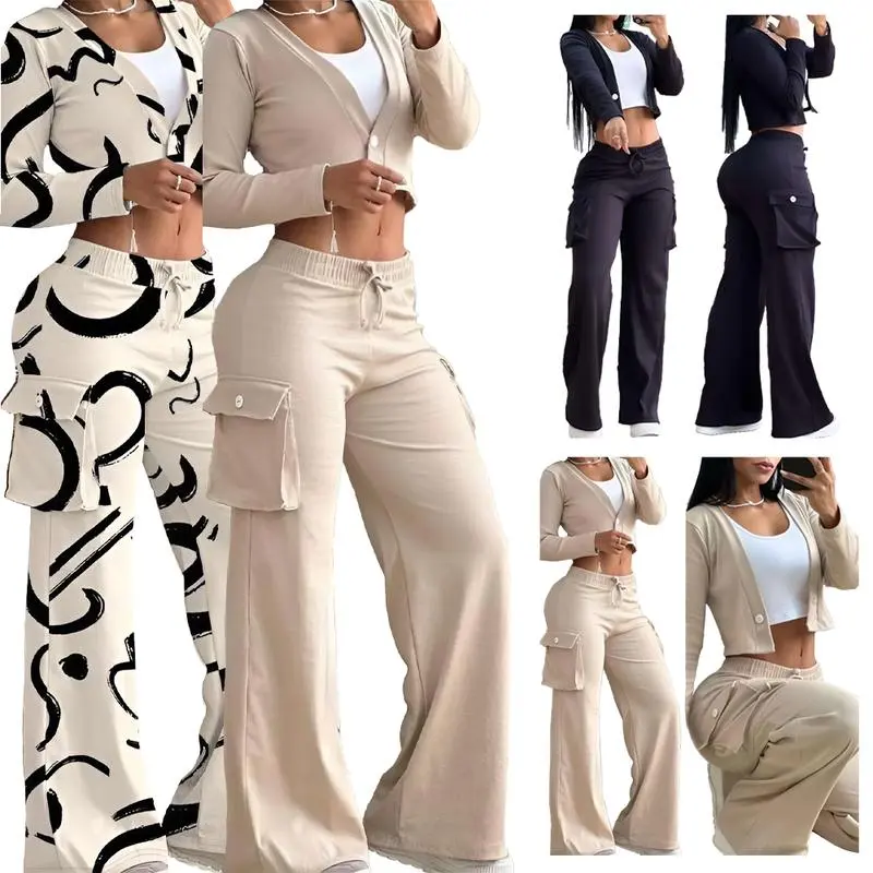 2026 Women’s 2 Piece Lounge Set – Long Sleeve Crop Top & Wide Leg Cargo Pants with Pockets | Trendy Casual Outfit (random comes with a free white tank top)