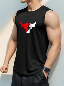 Men's Regular Fit Bull Head Print Stylish Tank Top, Casual Sleeveless Round Neck Top for Summer, Fashion Men's Clothes for Daily Wear, Menswear