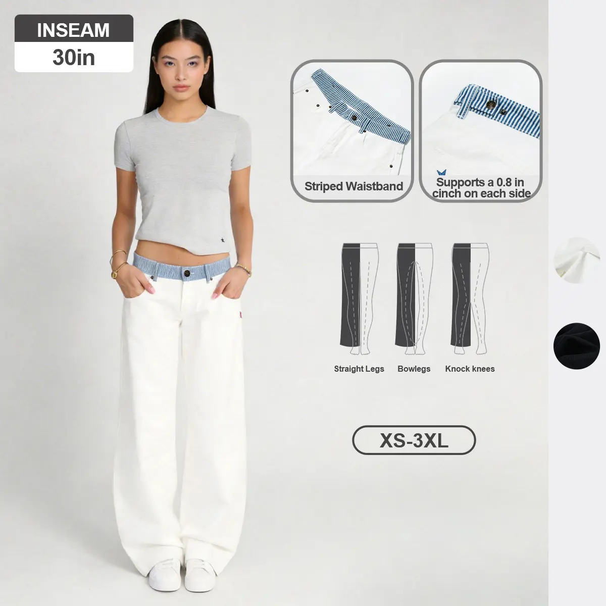 NYC Jodie Adjustable Low-Rise Loose-Barrel Leg Jeans — Y2K Minimalist Style, Adjustable Snap Buttons, Color-Blocked Waistband, Loose-Leg Cut, Soft Daily Wear