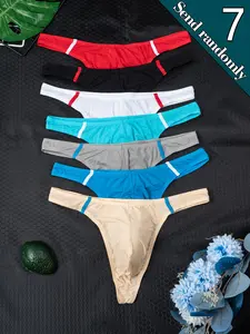 7-pack Men's solid-color simple summer sexy elastic thong underwear, Athletic, Breathable Undergarments, Men's soft smooth breathable comfortable, cool-fitting all-season thong pants, High Stretch Underwear