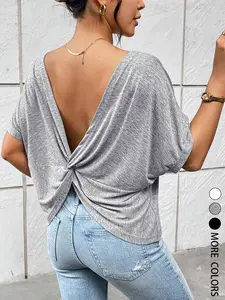 Women's Summer Casual Backless Twisted Knot Loose Fit T-Shirt，Comfortable Casual Top, Perfect for Daily Wear, Stylish and Trendy Design, Ideal for All Seasons