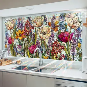 Window Film Colorful Flower Design PVC  Window Film for Glass Panels 39.3x17.7 Inches Living Room Bathroom Stained Glass Windows Film Static Cling Decorative   Decor