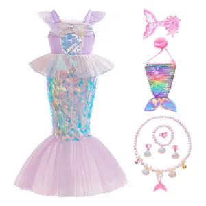 with Accessories Sequins Lilac  Mermaid Cartoon Cosplay Costume Fancy Carnival Kids Clothes Performance Princess Theme Party Holiday Girls Ball Gown Children Cocktail Dress 3-8Y