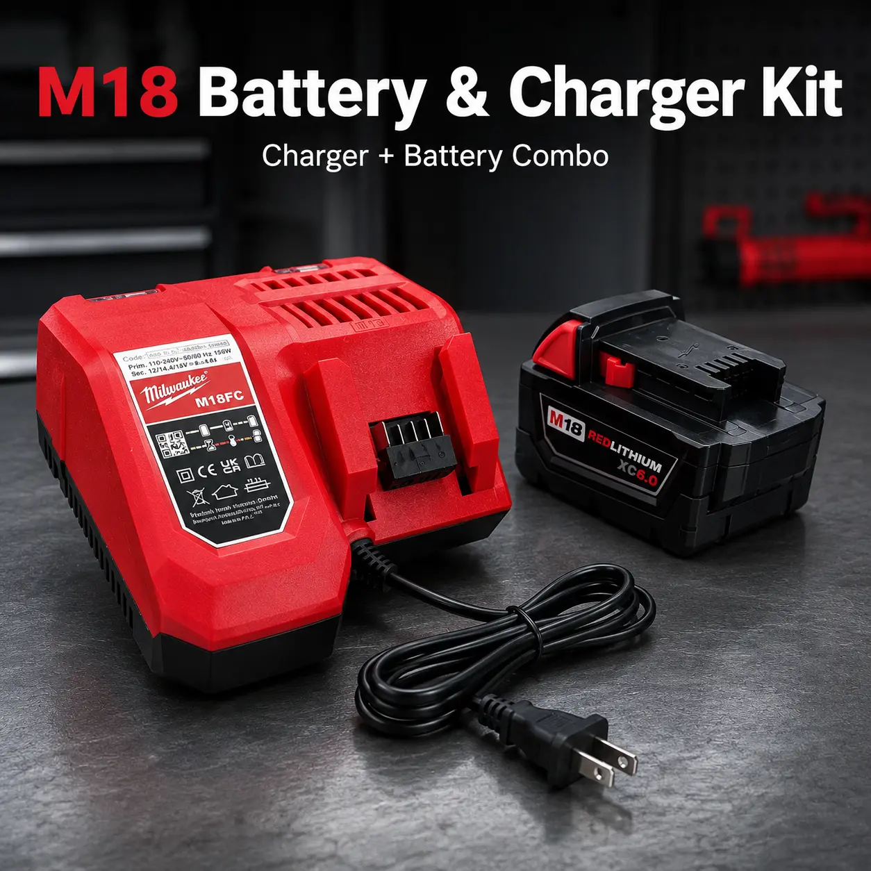 Milwaukee M18 6.0Ah Battery and Charger Kit 18V Lithium-Ion RedLithium，Compatible with Milwaukee M18 Cordless Tools