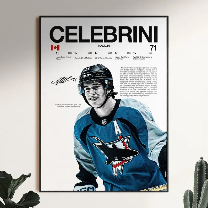 Macklin Celebrini Poster, San Jose Sharks Wall Print, Hockey Print, Ice Hockey Print, Hockey Fan Gift, Sports Decor, Hockey Room Print