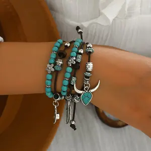 Vintage Multi-Layer Turquoise Beaded Bracelet Boho Adjustable Cow Head, Hat, and Tassel Charms Pendant Chic Handmade Stackable Synthetic Fiber Rope Retro Ethnic Wristband Unisex Vacation Travel Beach Bracelet Jewelry