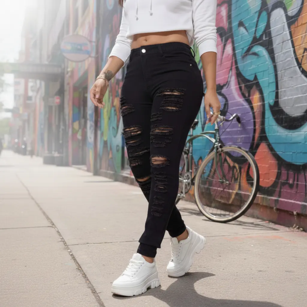 Women's Mid Waist Ripped Slim-Fitting Jeans - Plain Denim Spandex Crop Bottoms with Iconic Distressed Detail, Medium Stretch, Split Thigh, Zipper, Button, Comfortable Summer Streetwear, Skinny, Body Curve Jeans, Cropped Denim Jeans