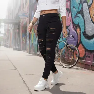 Women's High Waisted Ripped Skinny Jeans - Stretchy Distressed Black Denim Pants