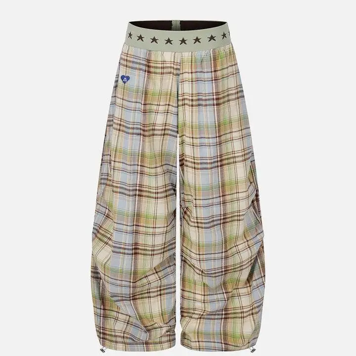 Aelfric Eden Star Waist Plaid Baggy Barrel Pants High Waist Balloon Barrel Silhouette Star Print Waistband Fresh Plaid Fabric Adjustable Ankle Drawstring Retro Streetwear Unisex Bottoms