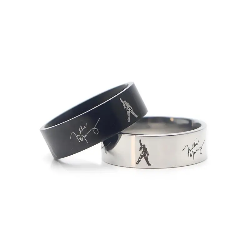 Freddie Mercury Queen Unisex Alloy Metal Ring - Casual Rock Star Fan Jewelry with Freddie Silhouette, Signature Print, Round Band, Sizes 7-13