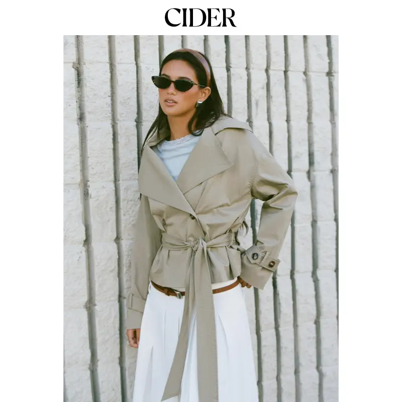 Cider Women's Cotton-Blend Collar Long-Sleeve Belted Crop Windbreaker, Women's Tops, Jackets & Coats, Longsleeves, Crop Top, Collared, Fitted, Black