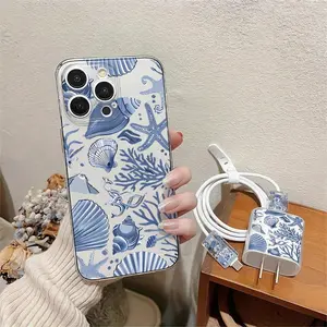 5 Piece Set Transparent Shell Phone Case with Clam & Coral Design, Charger Holder, Data Cable Protectors, Silicone Strap for iPhone Models, Perfect Gift for Birthdays, Friends, and Loved Ones