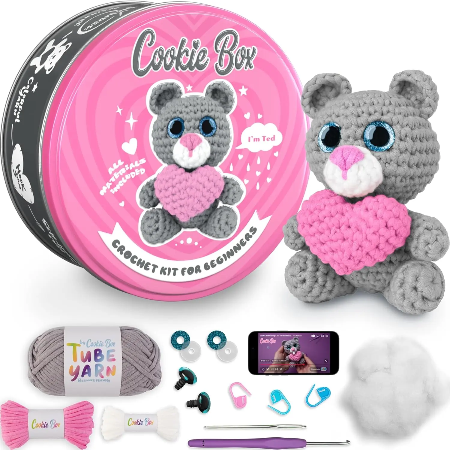 Cookie Box Original Crochet Kit for Beginners – Gift Set to Make Bear Ted Amigurumi Plushie – Easy DIY Crochet & Knitting Starter Kit with Video and PDF Tutorials