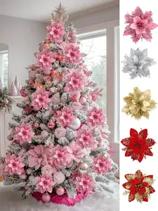 5/10pcs Poinsettias Artificial Christmas Flowers - Red/Gold/Red Gold/Silver/Pink Glitter Fake Flowers Christmas Tree Decorations Christmas Decorations For Home 2025 New Year Ornaments