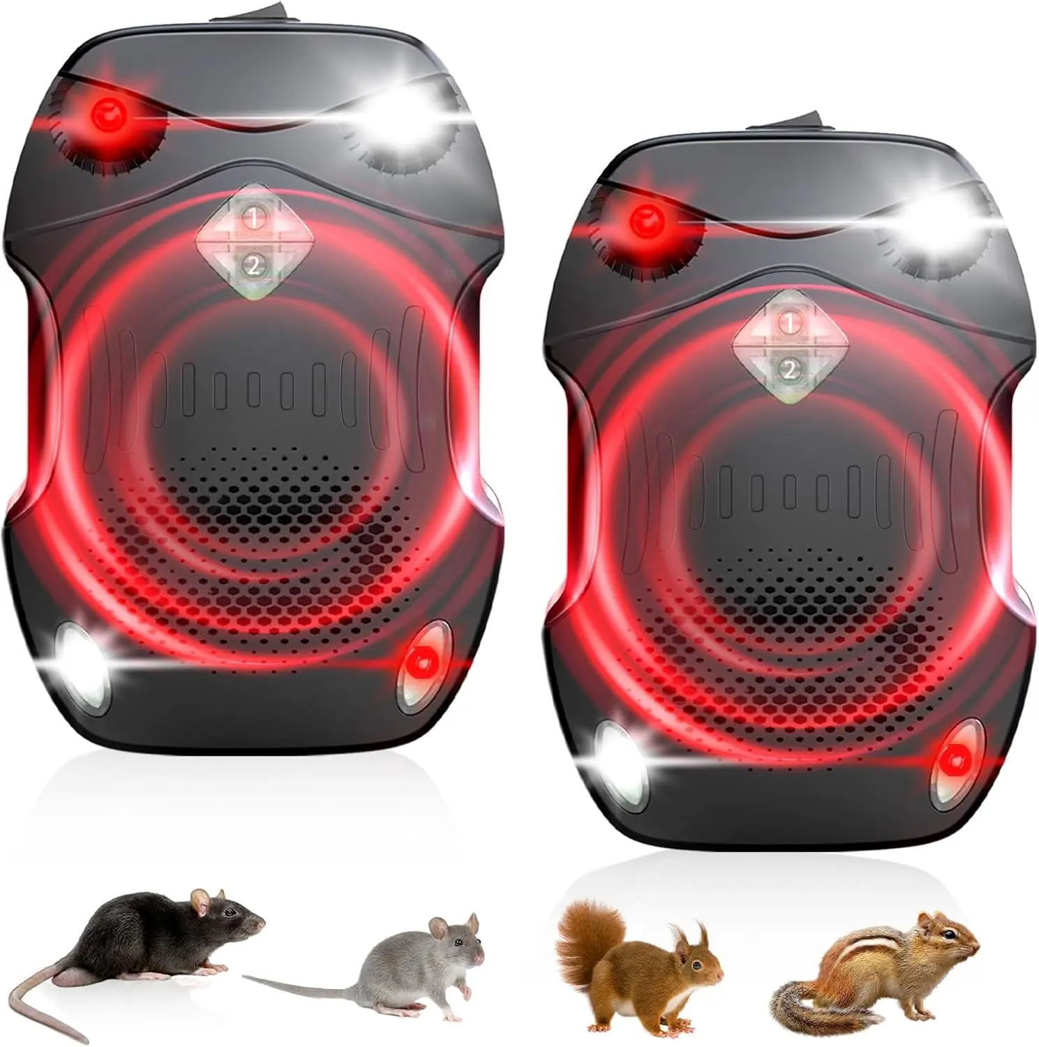 2-Pack Ultrasonic Rodent Repeller for Car, Under Hood Mouse Repellent with 4 LED Strobe Lights – Battery, USB & Engine Powered, Drives Rats, Mice & Squirrels from Vehicles, Warehouses, Garages