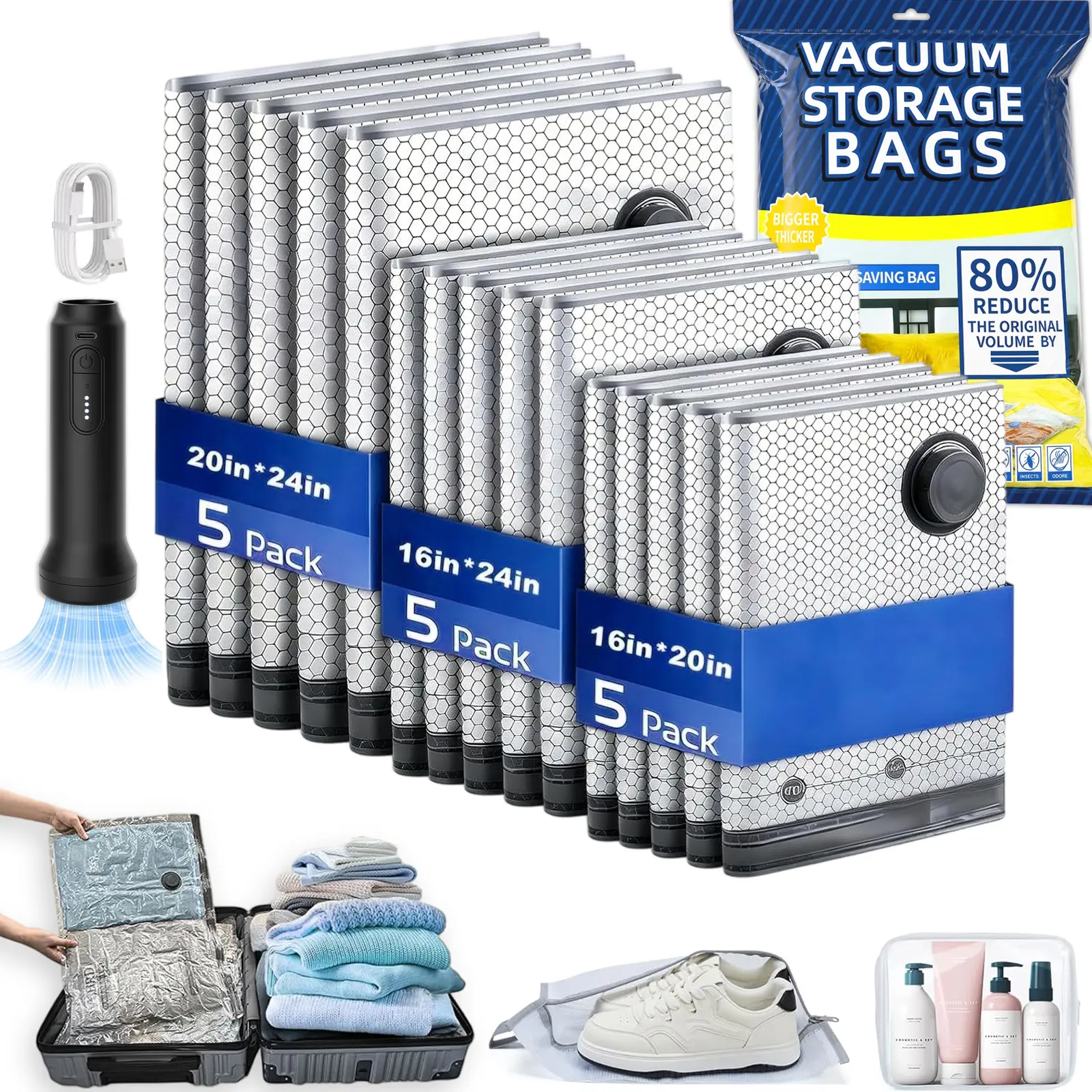 Vacuum Storage Bags With Cordless Electric Pump, Space Saver Compression Bags For Clothing, Comforters And Blankets, Air Sealing Organizer Bags For Home Storage And Travel Use