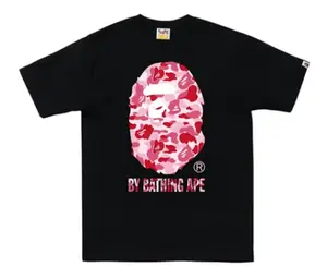 Bathing Ape APE ABC Camo Tee Black/Pink Short Sleeve Crew Neck Casual Summer T-Shirt with Iconic Ape Head Design and Plaid Pattern