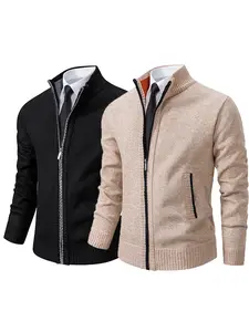 Two-piece, men's stand collar zipper cardigan, Long Sleeve, winter new, fleece-lined thick, warm, skin-friendly, structured, versatile, daily outings, office commute, casual, trendy, knitted coat