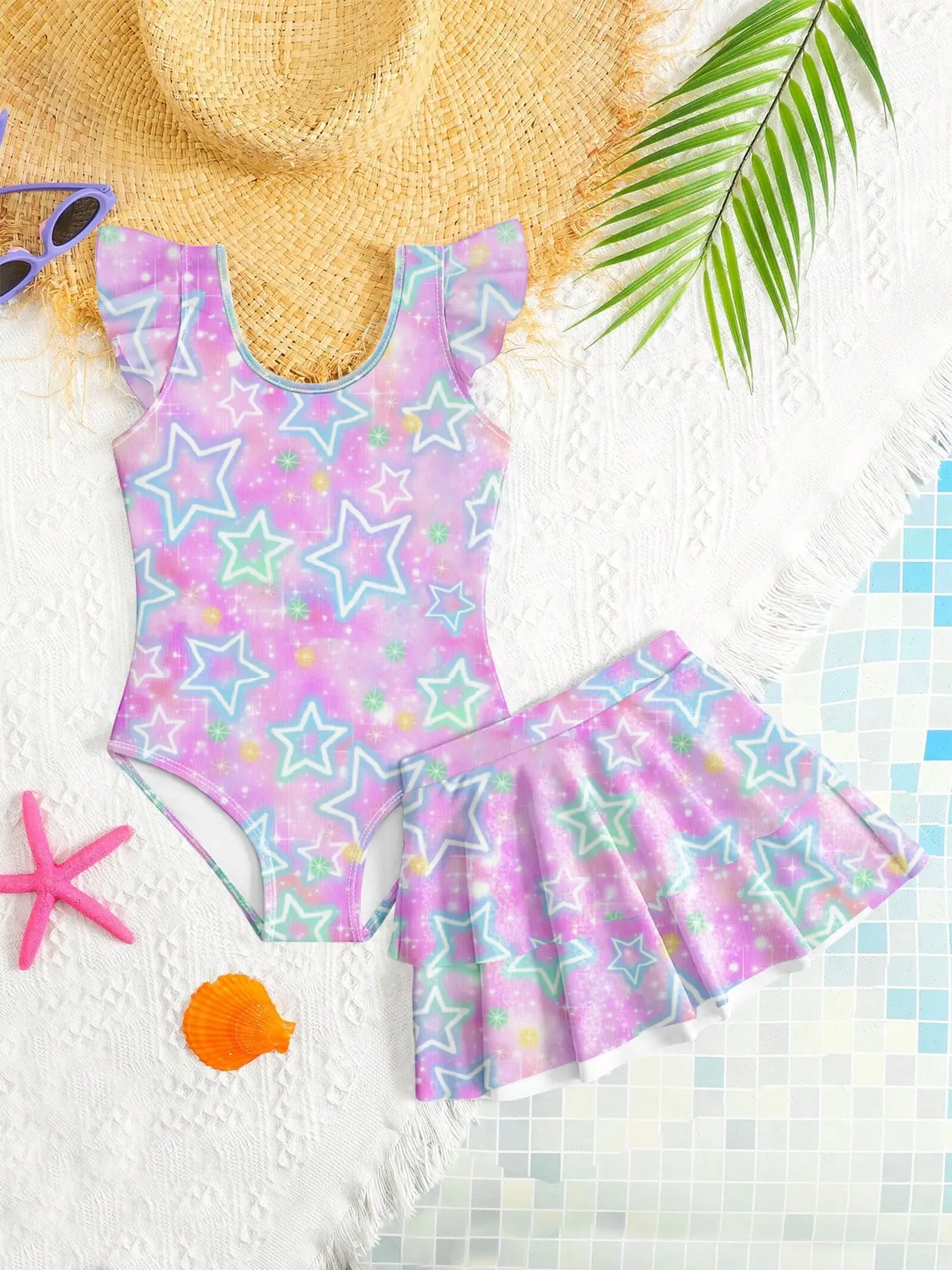 Gradient Star Pattern Swimsuit Set, Strappy Cross Back One-Piece + Double Layer Ruffle Swim Skirt, Elegant Suit