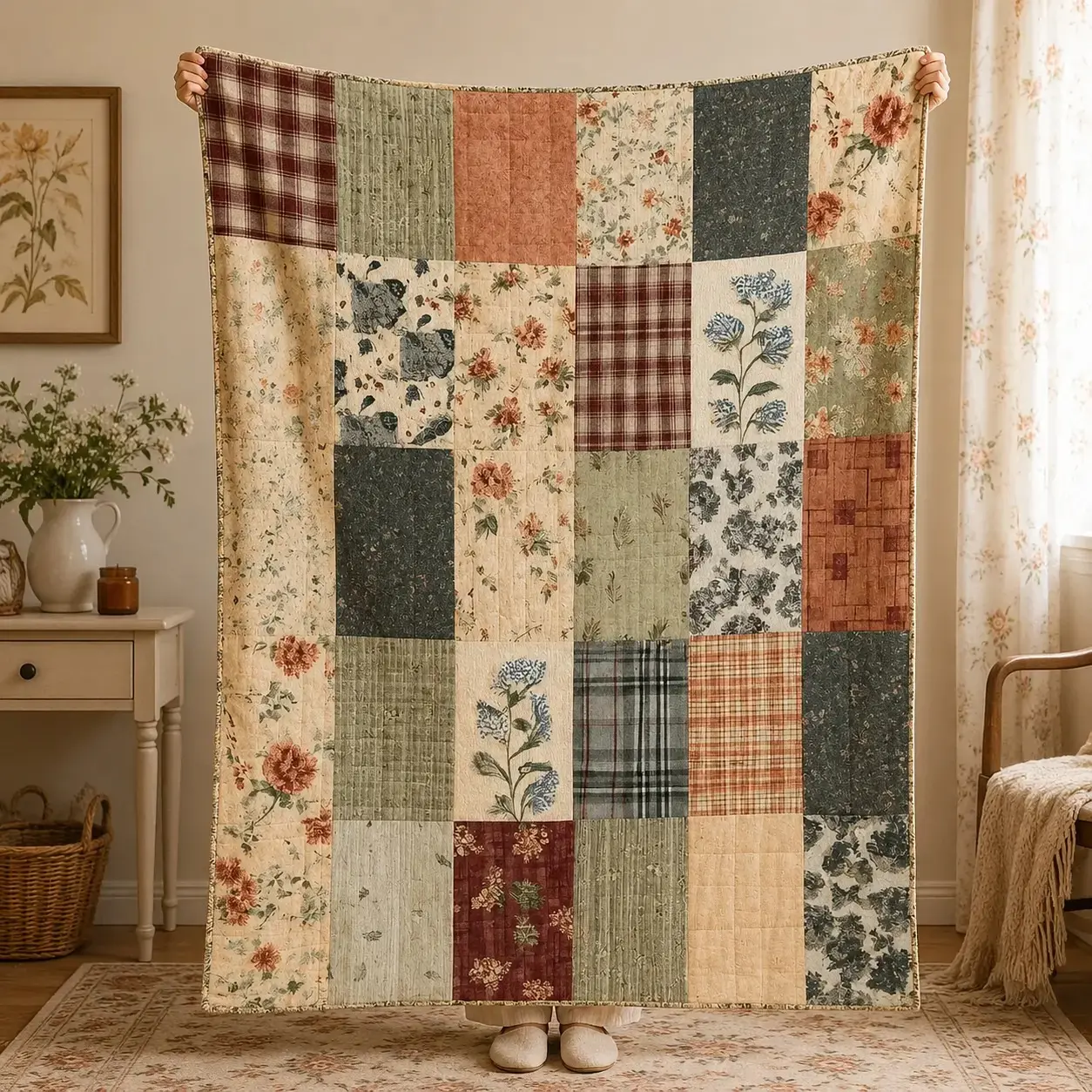 Cottagecore Vintage Spliced Floral Check Quilted Blanket Retro Patchwork Flower Plaid Print Soft Reversible Bed Throw All Season Home Decor Blanket For Adults