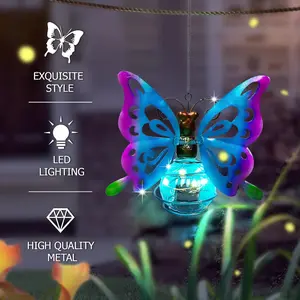 RUIDEL MICHAELS 2 sets of blue metal butterfly pendant lights, solar garden lights, outdoor cute lanterns, hanging decorations for porch, corridor garden tree decorations, and as gifts