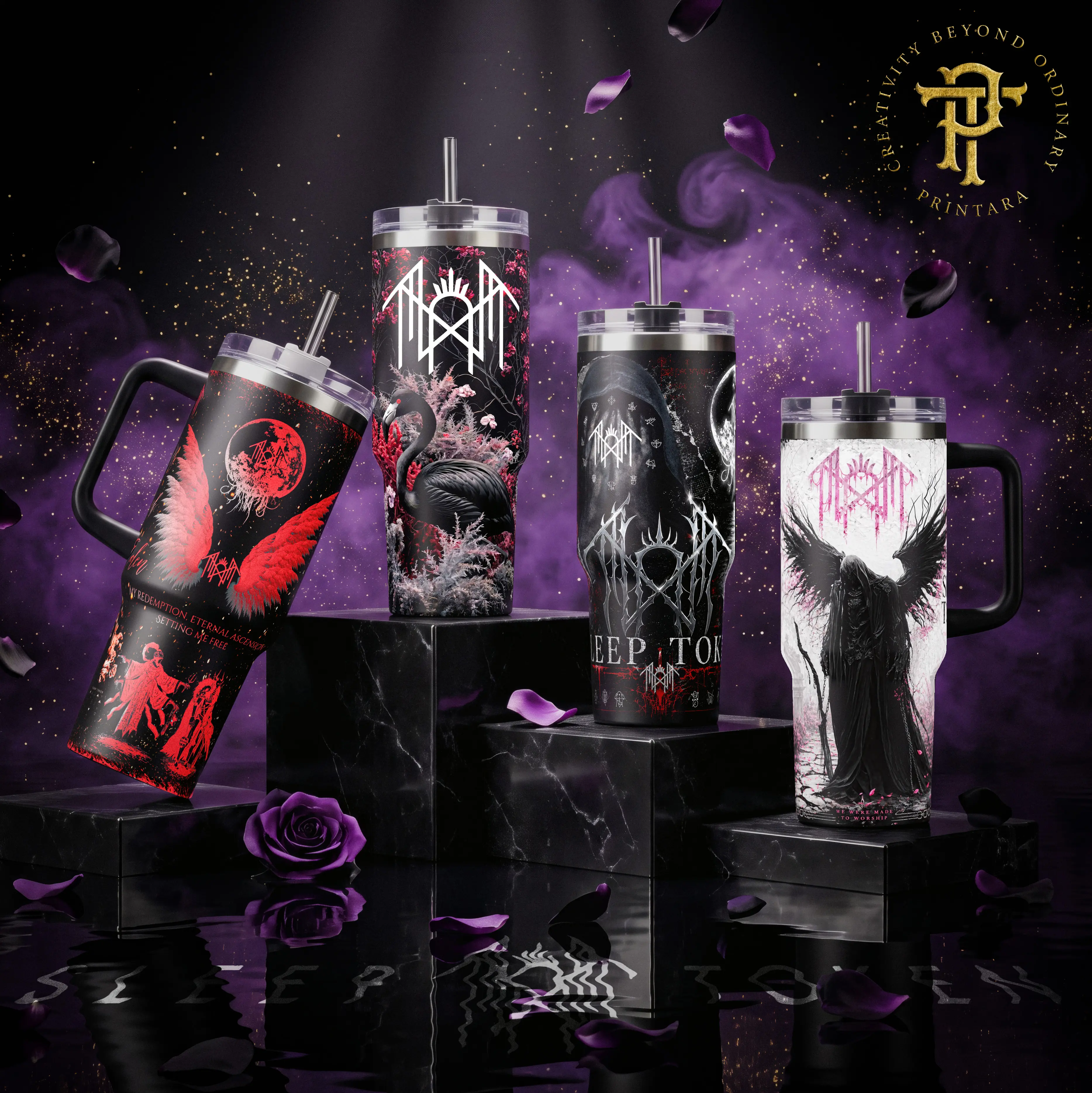 Sleep Token Even In Arcadia Take Me Back to Eden Stainless Steel Vacuum Insulated Tumbler - 20oz Single Bottle with Lid, Leakproof, Black Angel Wings Gothic Graphic, Portable for Traveling Music Lovers