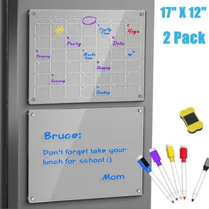 SJPACK Magnetic Acrylic Clear Dry Erase Calendar 2 Set Reusable Monthly and Weekly Planner Whiteboard 17"x12" 5 Markers for Home Kitchen Fridge Office Gift