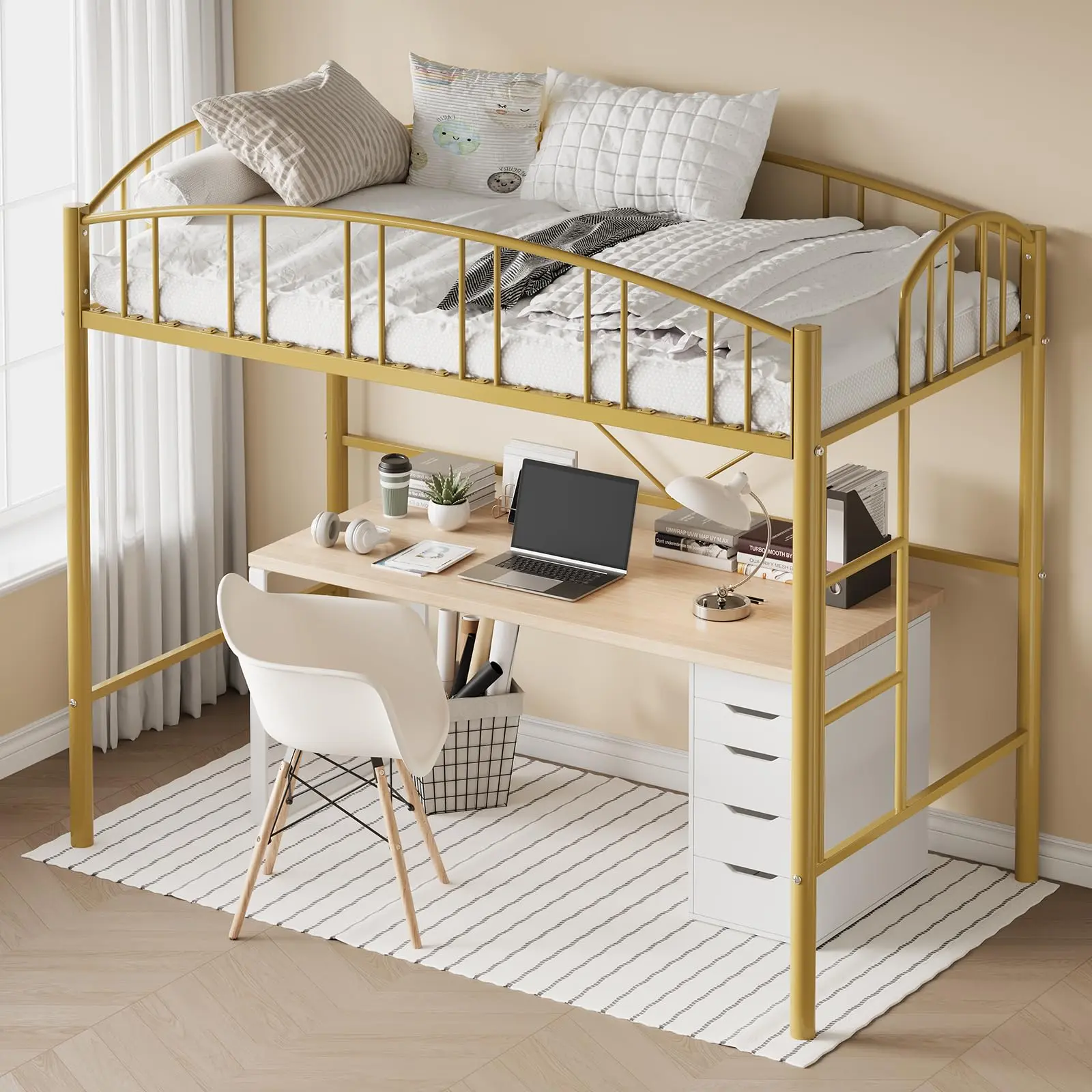 Garvee Twin Size Loft Bed with Ladder and High-Arched Guardrail, Sturdy Metal Slats, Space-Saving Design, Modern Style, Easy Assembly, No Box Spring Needed, Safe for Adults and Kids, Gold Finish