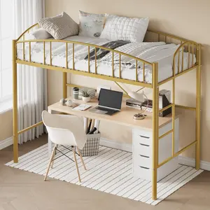 Garvee Twin Size Loft Bed with Ladder and High-Arched Guardrail, Sturdy Metal Slats, Space-Saving Design, Modern Style, Easy Assembly, No Box Spring Needed, Safe for Adults and Kids, Gold Finish