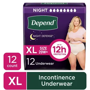 Night Defense Incontinence Underwear for Women, Adult Diapers, XL, 12 Count