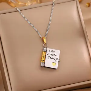 My Little Star Daughter Book Necklace for Daughter Gifts from Mom Dad, Necklaces for Women Openable with 6 Pages of Engraved Information Birthday Day Gift Graduation Jewelry