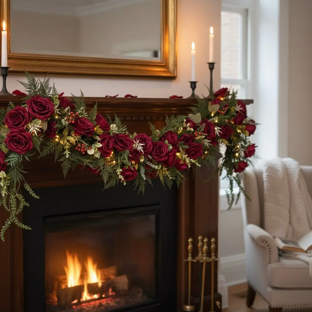 Burgundy Rose Artificial Holiday Arrangement – Premium Winter & Christmas Table Centerpiece